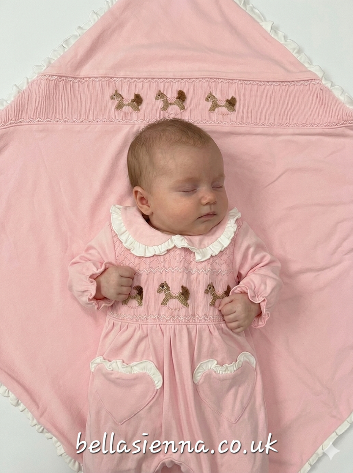 Bella Sienna Exclusive All In One Pink Smocked Babygrow With Embroidered Rocking Horses & Matching Blanket