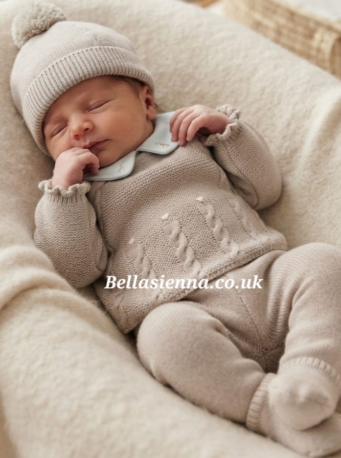 0209 - Baby Boys Beige & Cream Knitted Three Piece Set - 81 - Avellana