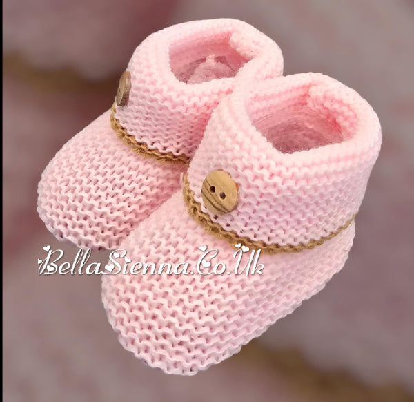 Bella Sienna Pink & Beige Button Detail Knitted Booties - 111