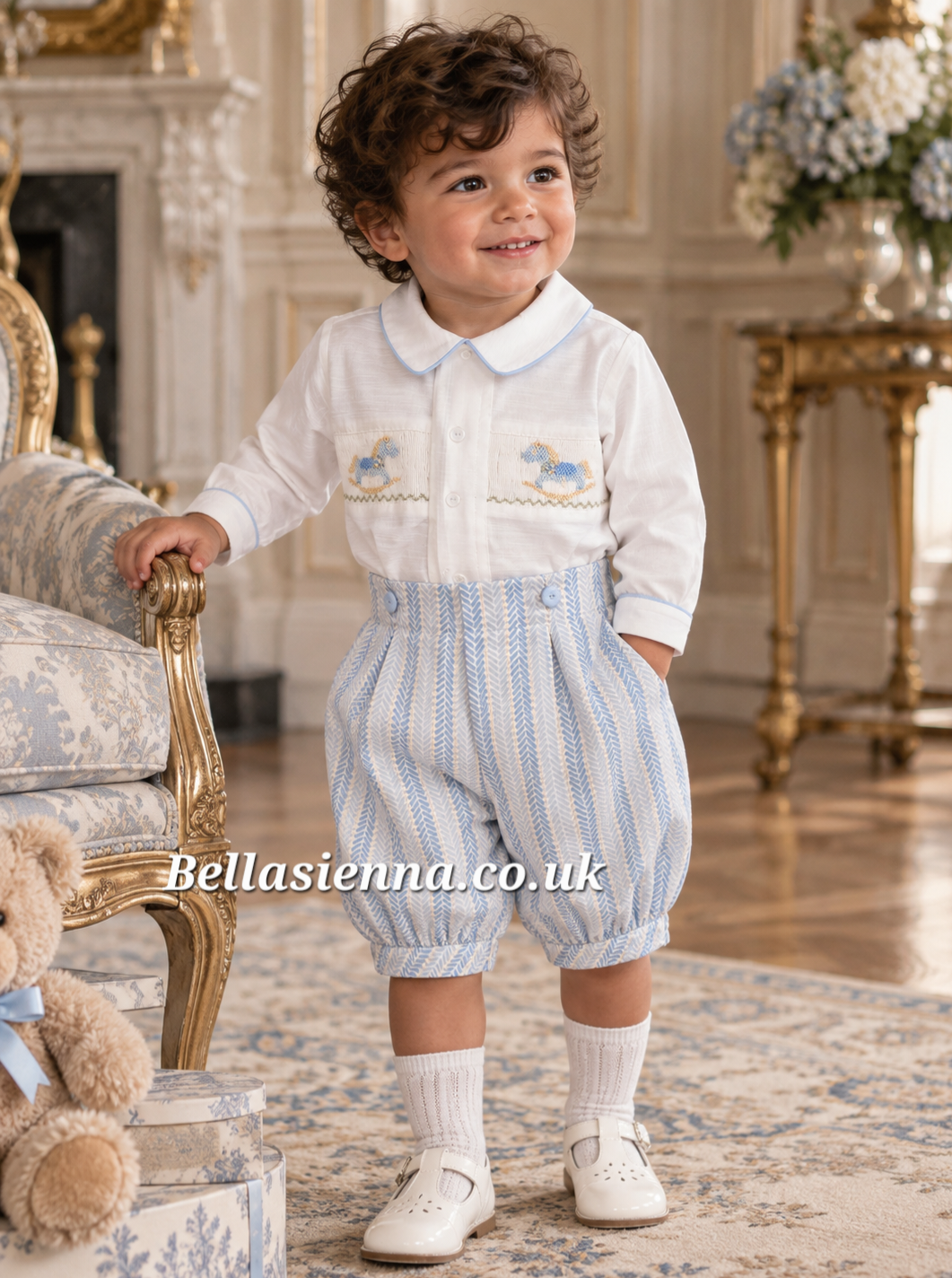 Pretty Originals Boys Pale Blue Herringbone Hand Smocked Two Piece Outfit With Embroidered Rocking Horses - DL08187