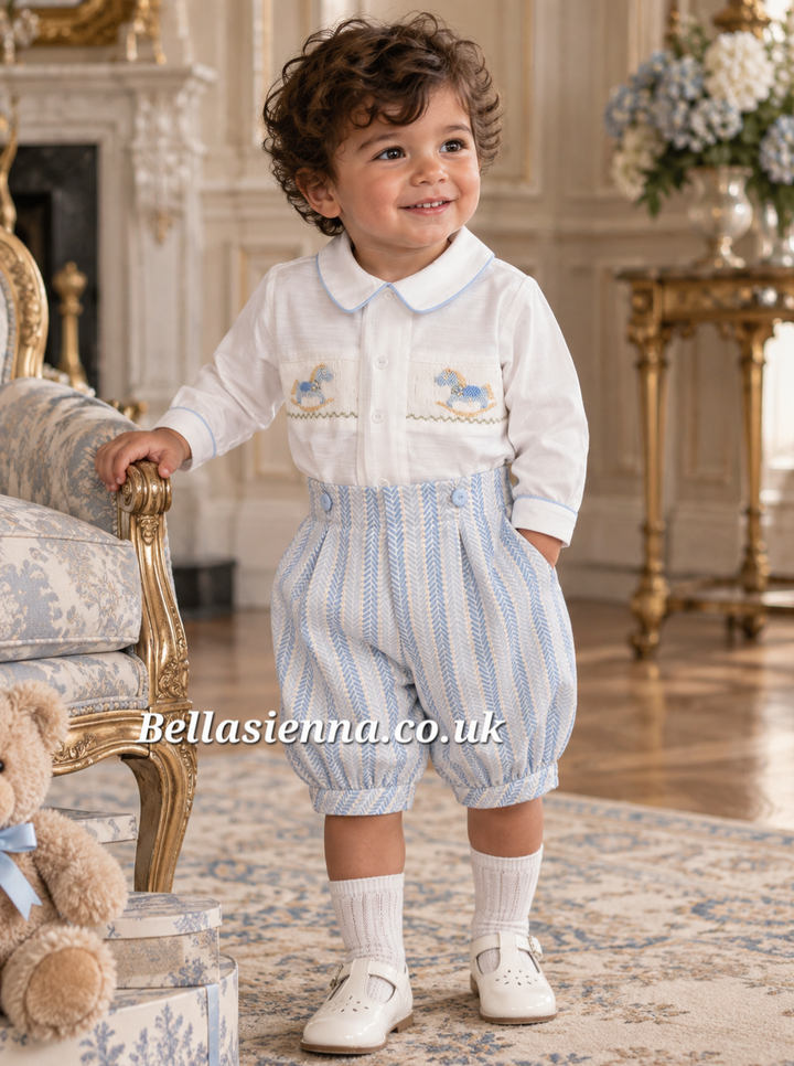 Pretty Originals Boys Pale Blue Herringbone Hand Smocked Two Piece Outfit With Embroidered Rocking Horses - DL08187