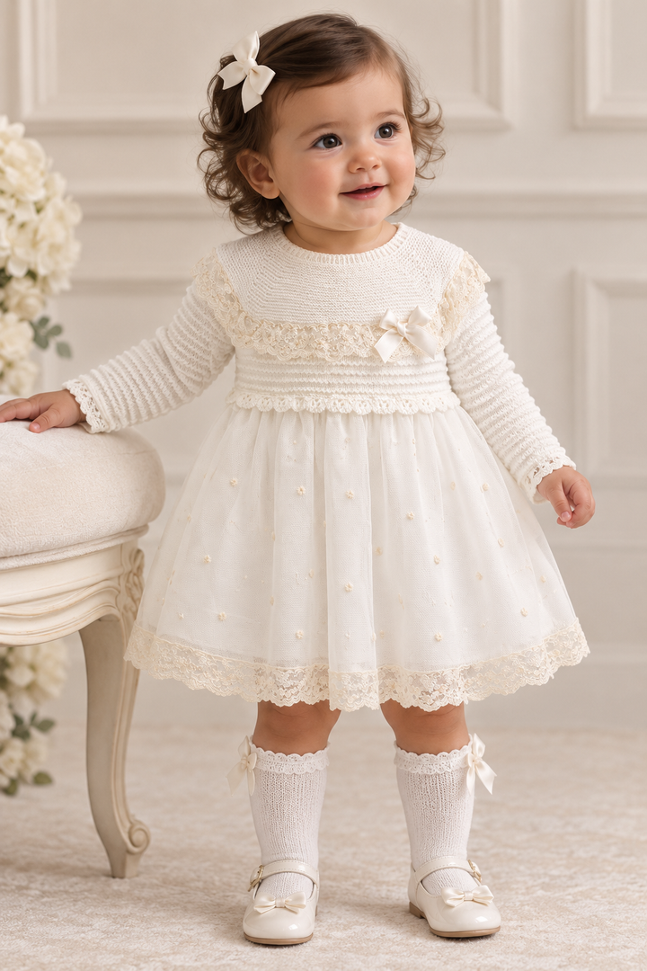 Mac ilusion Baby Girls Pretty Ivory Dress With Lace - 8675