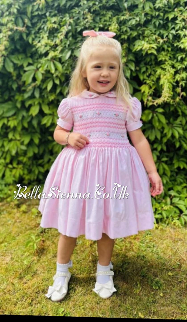 Luxury "Bella Sienna Exclusive" Pink Front & Back Smocked Dress With Built In Underskirt & Matching Hair Band Or Clip & Pants