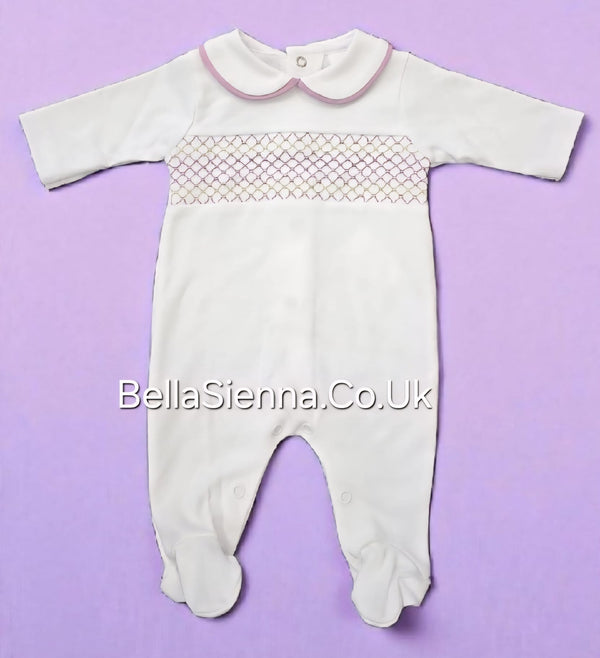 White & Lilac Smocked All In One Babygrow - SG68