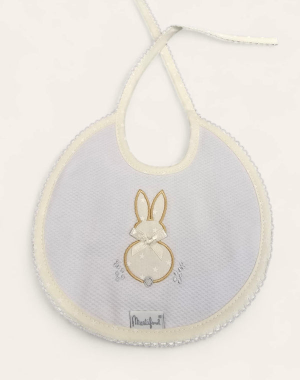 100% Cotton Unisex Ivory & Beige Embroidered Bunny Rabbit Bib
