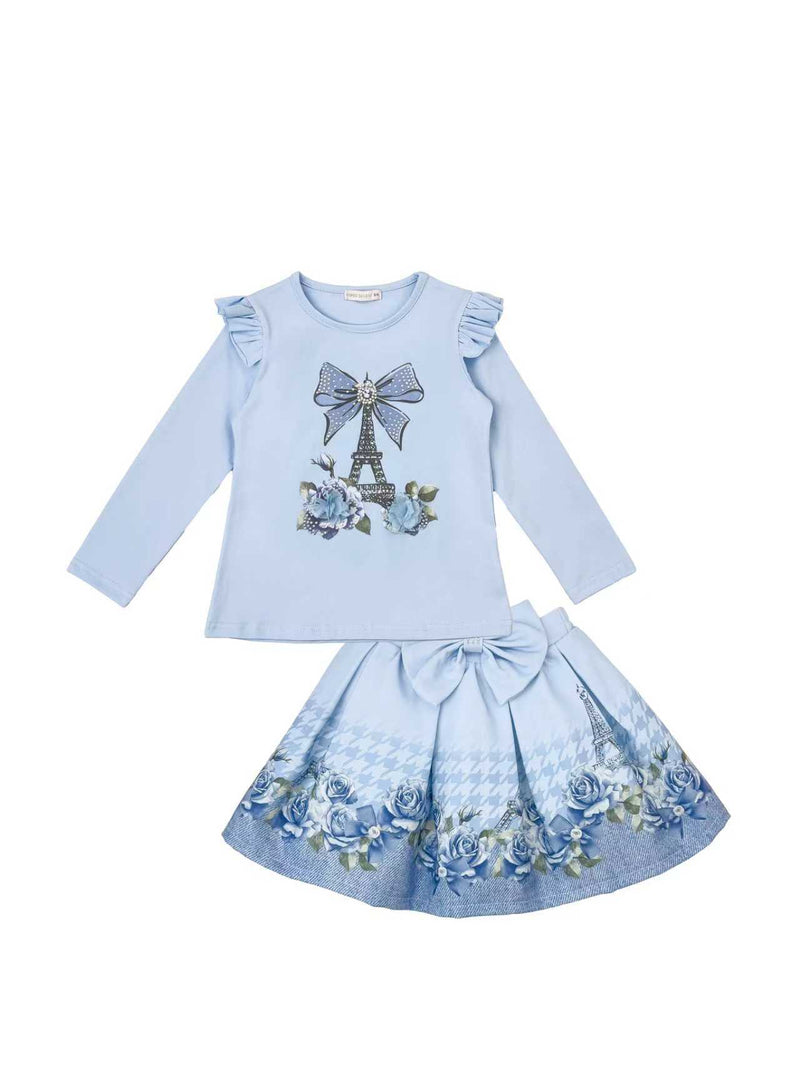 Giorgio Bambini Girls Blue "BOW & TOWER " Long Sleeved Top & Skirt Set - YG-14
