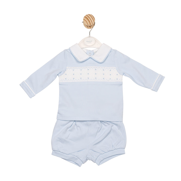 Mintini Baby Boys Blue & White Smocked Top & Shorts Set - MB6576