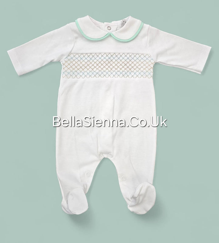 Unisex White & Mint Green Smocked All In One Babygrow - SG68