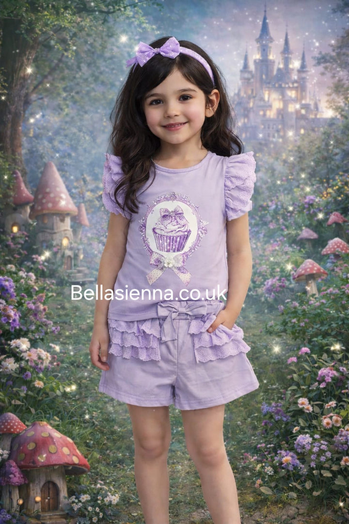 Diamond Stone Girls Lilac "Cupcake" Shorts Set With Matching Headband YG-39