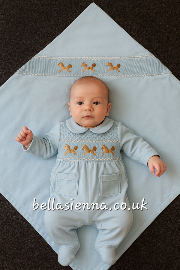 Bella Sienna Exclusive All In One Blue Smocked Babygrow With Embroidered Rocking Horses & Matching Blanket
