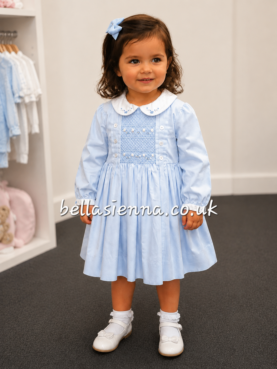 Sarah Louise Girl Hand Smocked & Embroidered Blue & White  Dress - 013915