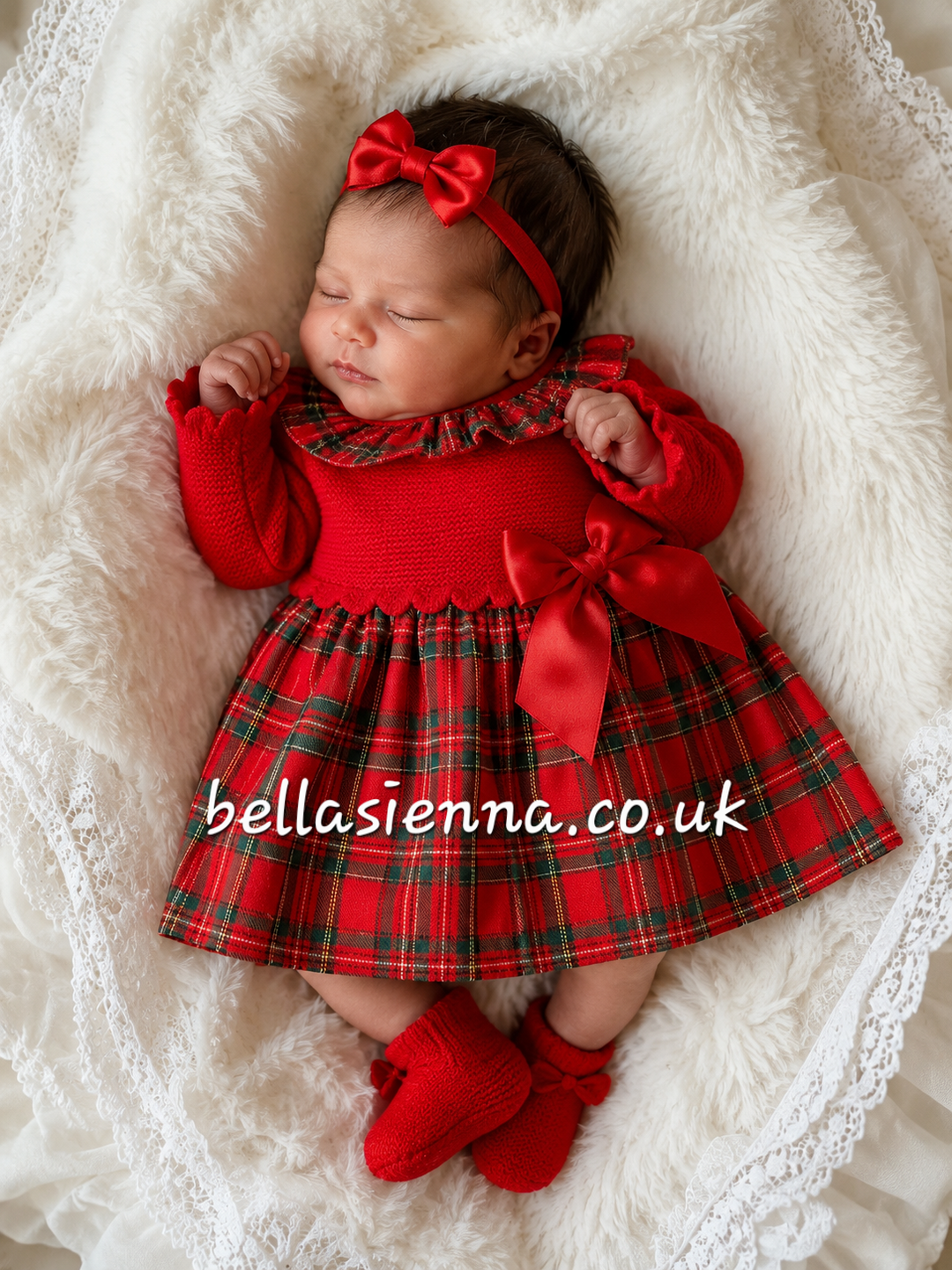 Red Tartan Girls Bow Dress - "Izzie"