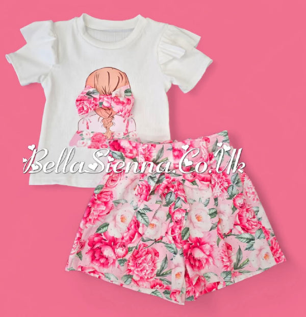 Pink Floral Girls Shorts Set With Sparkly Detail S403