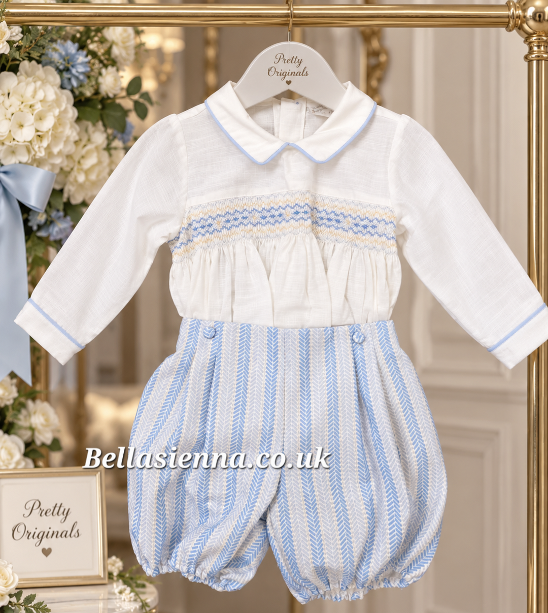 Pretty Originals Boys Pale Blue Herringbone Hand Smocked Two Piece Outfit - DL08183