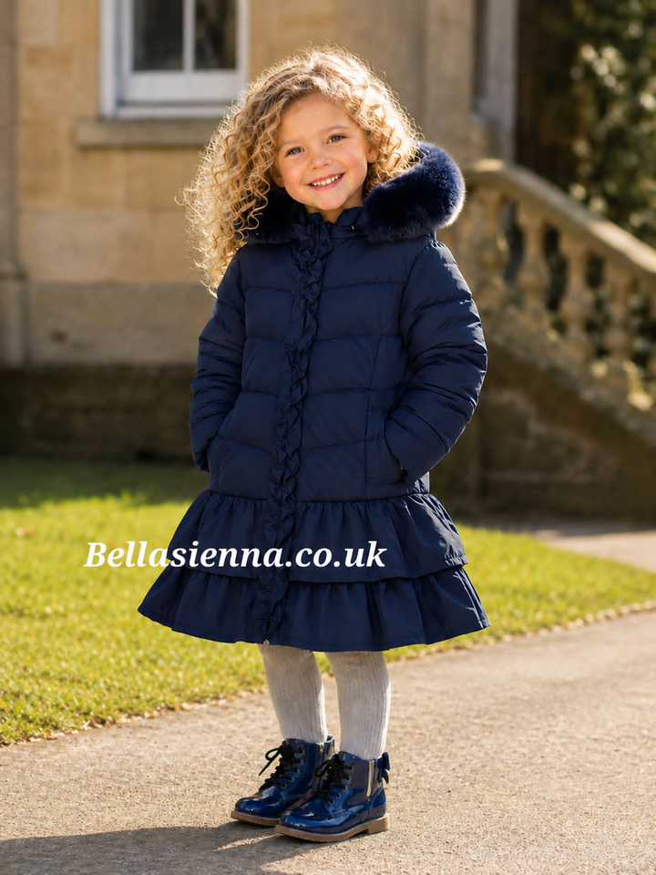 Giorgio Bambini Girls Navy Hooded Puffer Coat with Faux Fur Trim DH09