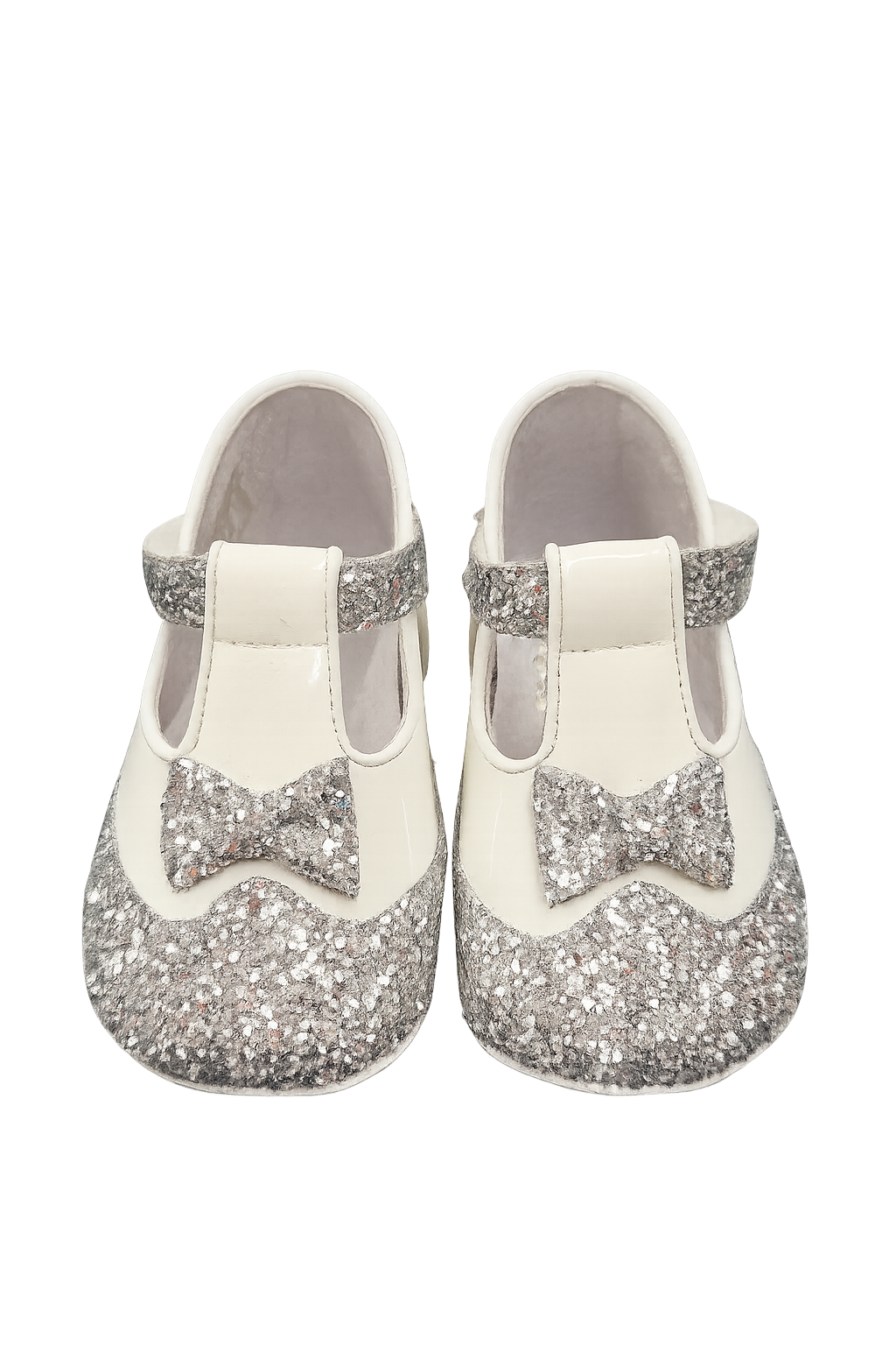 Pretty Originals White Patent & Silver Glitter Leather Pram Shoes - UE03301