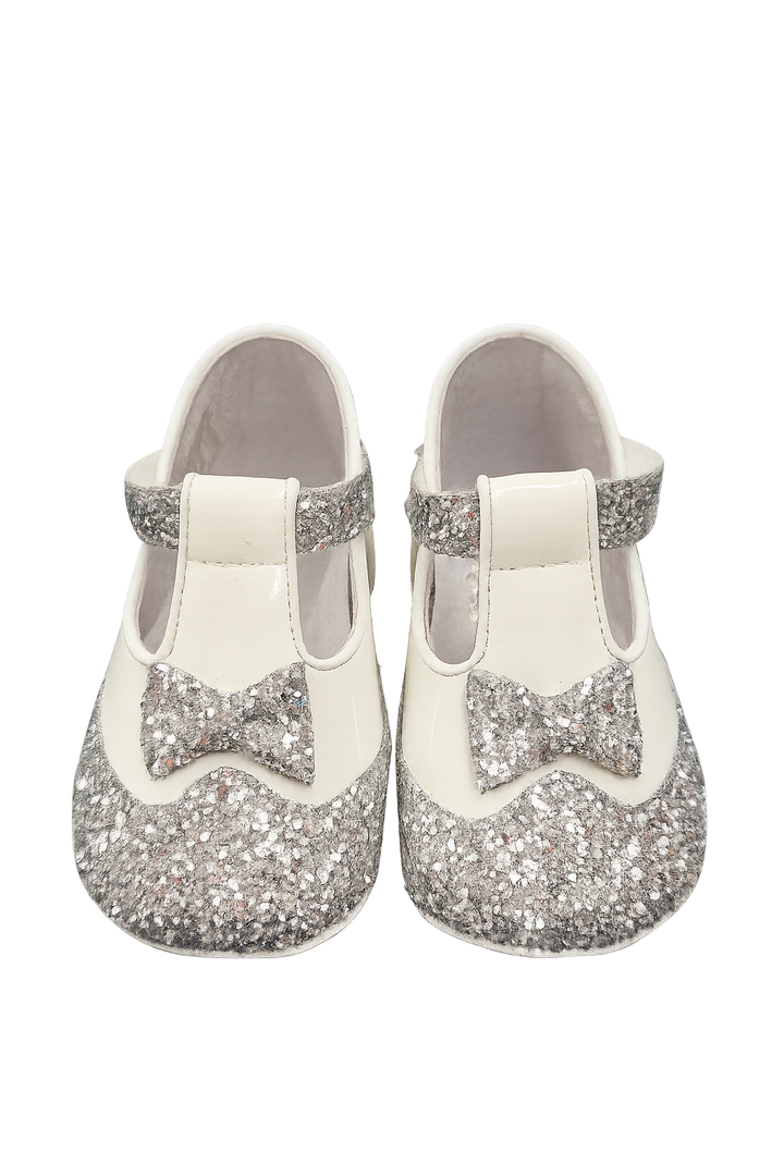 Pretty Originals White Patent & Silver Glitter Leather Pram Shoes - UE03301
