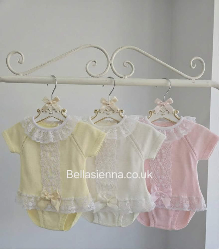 Ivory Knitted Jam Pants Set With Lace Trim - C8127