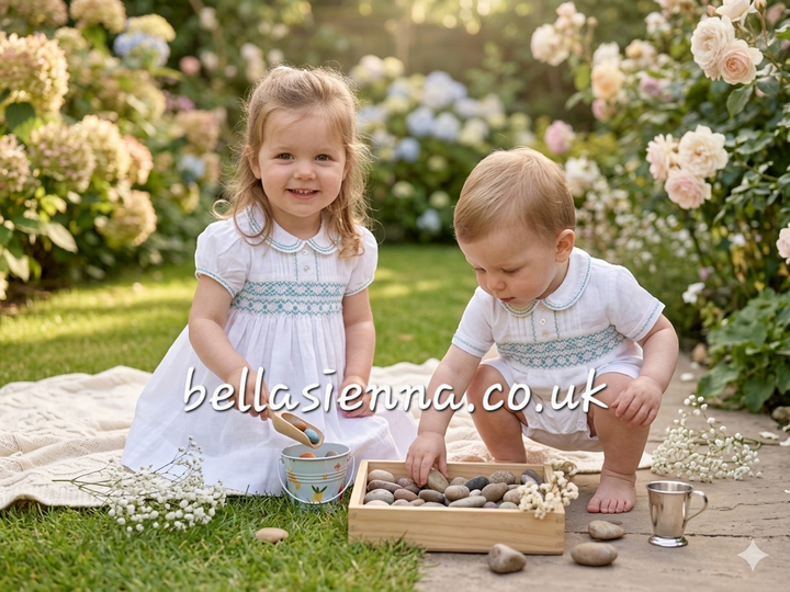 Sarah Louise Boys White & Aqua Hand Smocked Heritage Romper - C6000