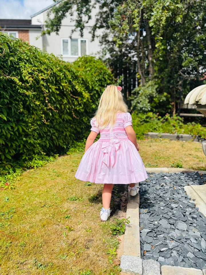 Luxury "Bella Sienna Exclusive" Pink Front & Back Smocked Dress With Built In Underskirt & Matching Hair Band Or Clip & Pants