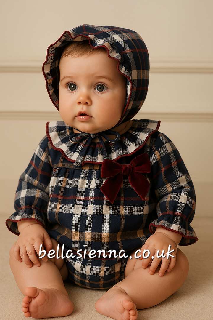 Calamaro Burgundy Check Dress, Pants & Bonnet Set - 22048