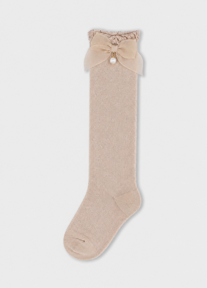 Knee High Bow Socks - 72- Seed - Beige - 10290