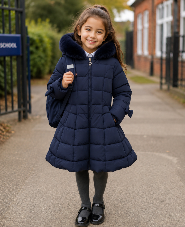 Giorgio Bambini Girls Navy Hooded Puffer Coat with Faux Fur Trim DH03