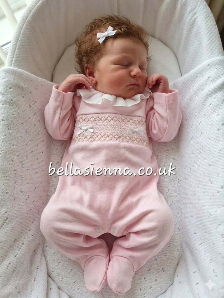 Baby Girls Pink, White & Beige Smocked All In One Babygrow With Bows - SG66