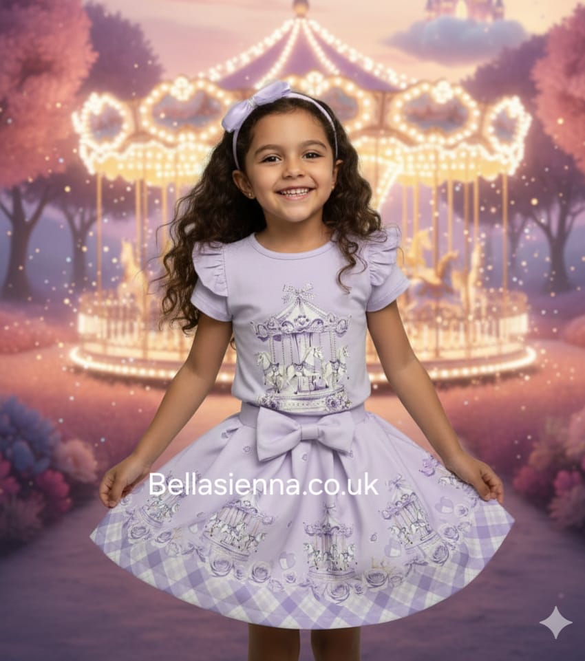Diamond Stone Girls Lilac "Carousel" Skirt Set With Matching Headband - YG-34