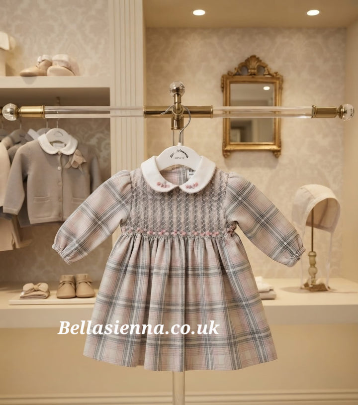 Sarah Louise Pink & Grey Check Hand Smocked Winter Dress - 013952