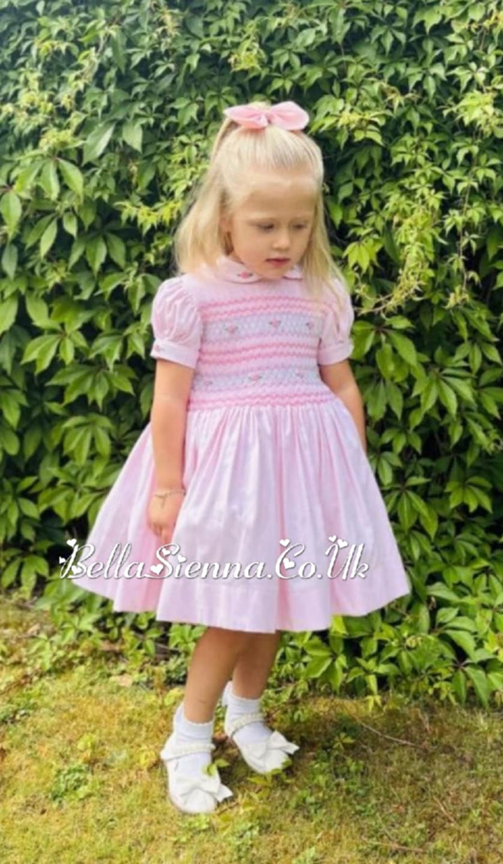 Luxury "Bella Sienna Exclusive" Pink Front & Back Smocked Dress With Built In Underskirt & Matching Hair Band Or Clip & Pants