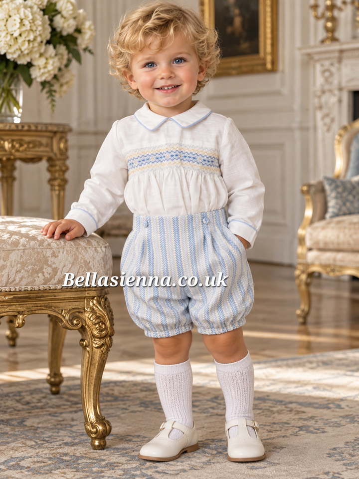 Pretty Originals Boys Pale Blue Herringbone Hand Smocked Two Piece Outfit - DL08183