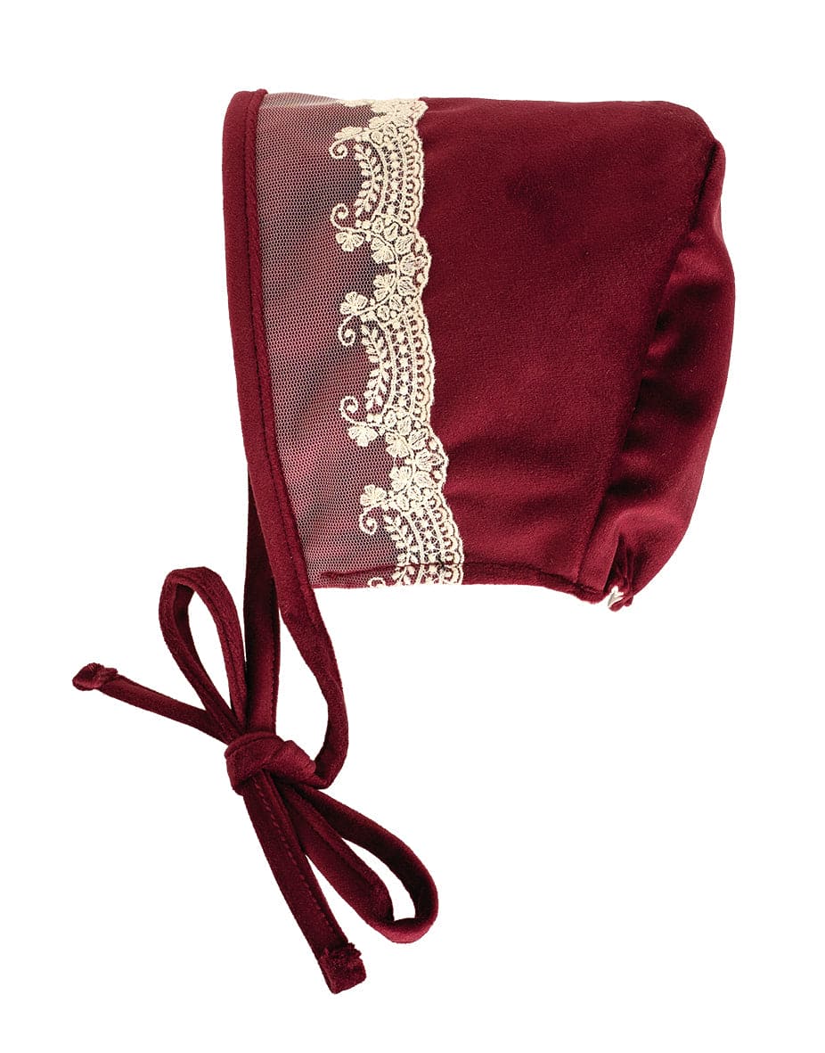 Calamaro Baby Girls Three Piece Burgundy Velvet Jam Pants & Bonnet - 11247 - 75140