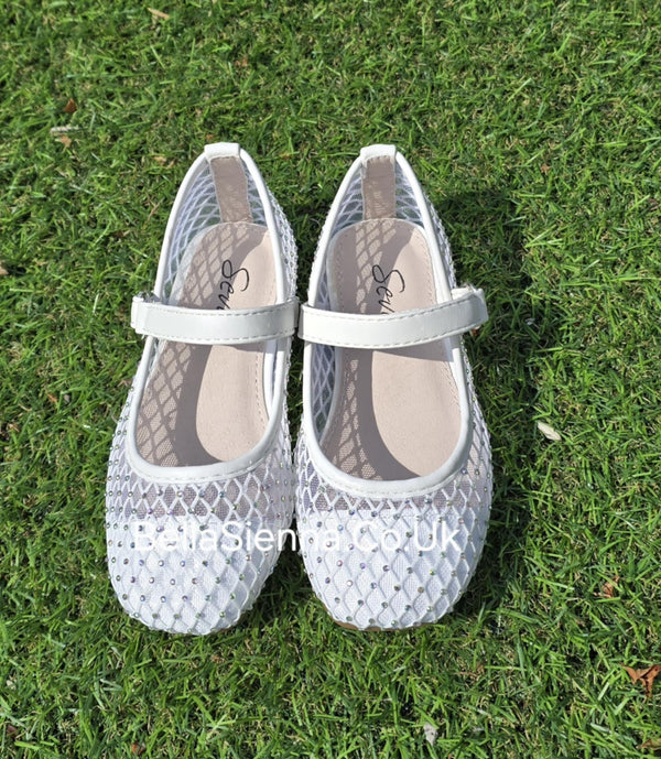 Sevva - "Freya" Ivory Sheer Mary Jane Shoes With Sparkle