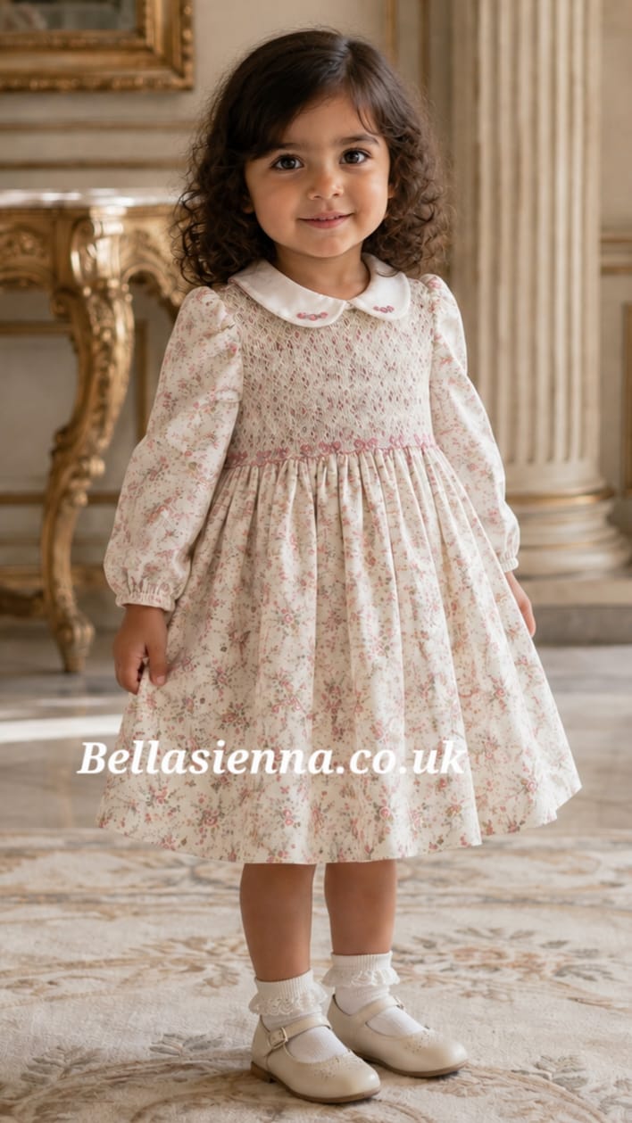 Sarah Louise Girls Ivory & Pink Floral Hand Smocked Dress - 013958