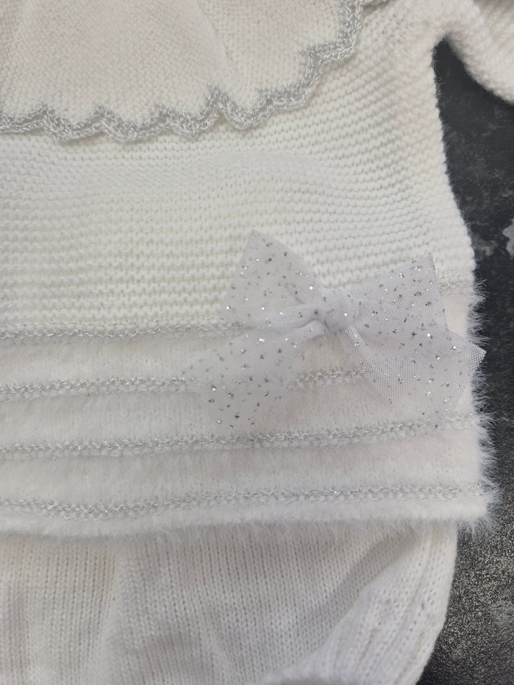 Pretty White & Silver Mac ilusion Four Piece Knitted Set With Tulle Bow & Fur - 9833