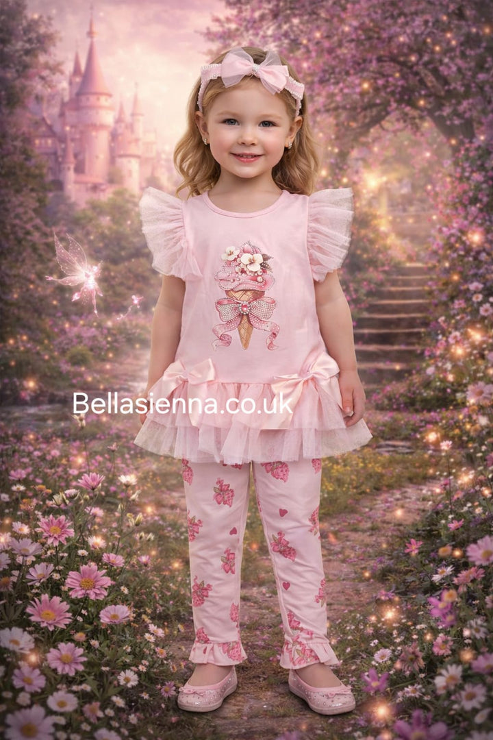 Diamond Stone Girls Pink "Ice Cream" Leggings Set With Matching Headband YG-43