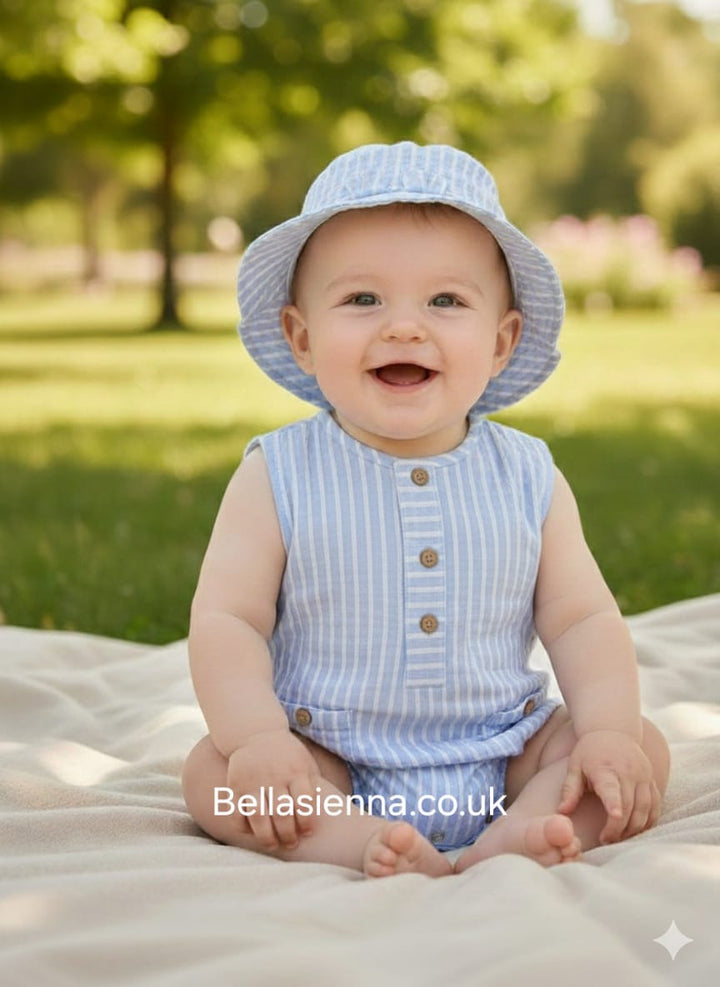 Mayoral Baby Boys Blue & White Striped Romper With Matching Sun Hat - 1614