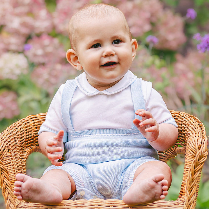 Emile et Rose Boys Baby Blue Knitted Mock Braces Romper - Lowe
