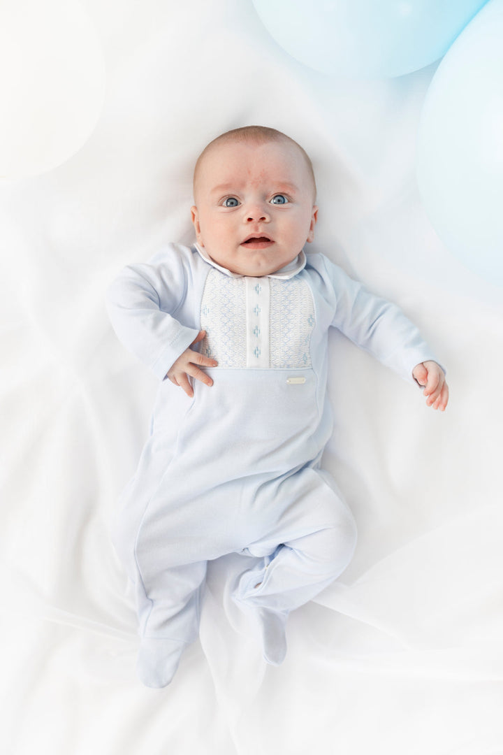Blues Baby Blue & White Smocked & Embroidered All In One Babygrow - BB2277