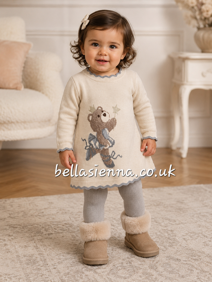 Beige Girls Knitted Winter Dress - 2942
