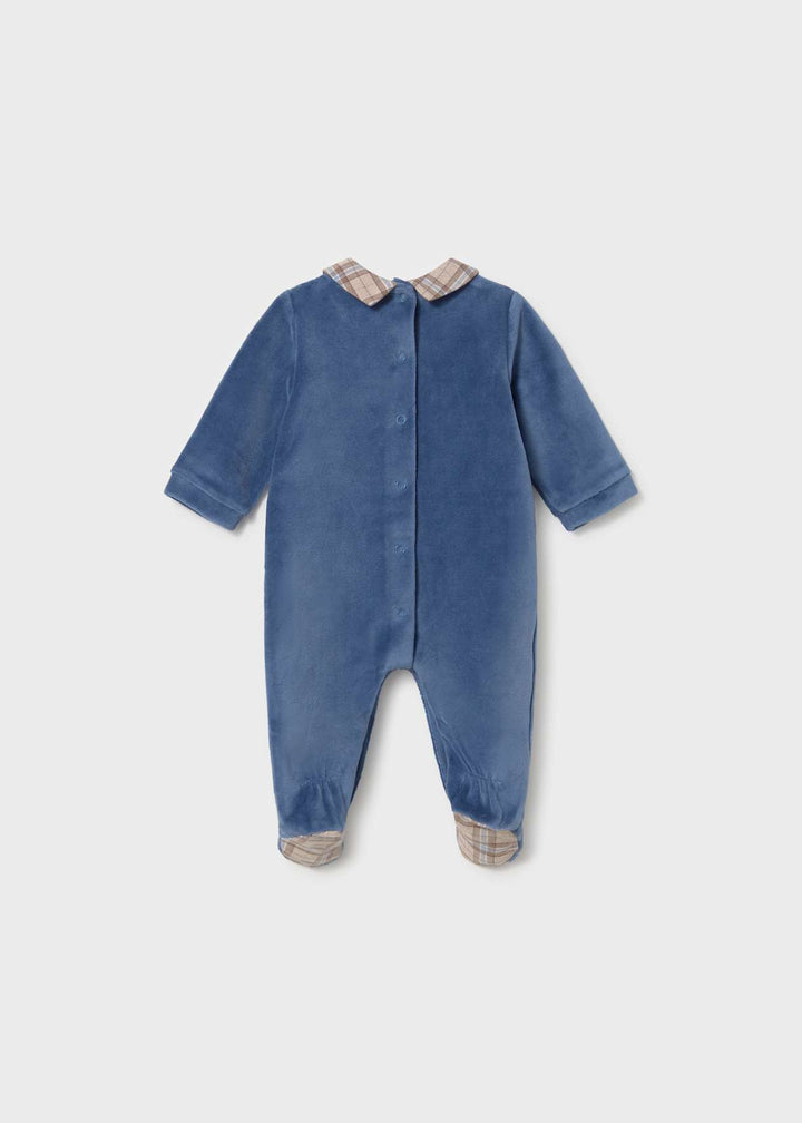 Mayoral Baby Boys Blue, Beige & Brown "Train" Velour Babygrow - 2766