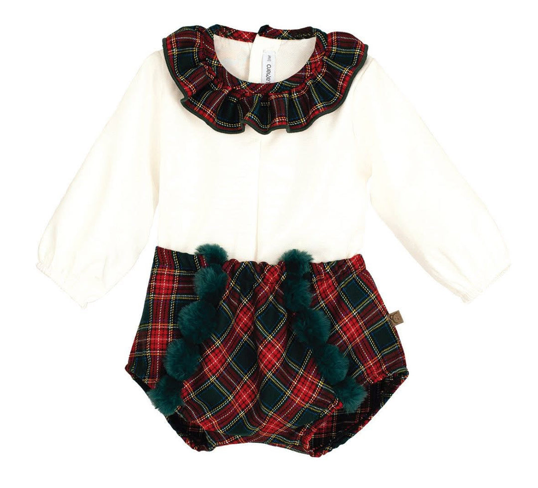 Calamaro Baby Girls Red & Green Tartan Pom Pom Jam Pants Set - 11245