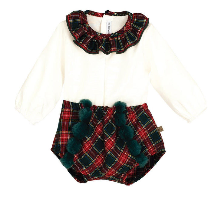 Calamaro Baby Girls Red & Green Tartan Pom Pom Jam Pants Set - 11245