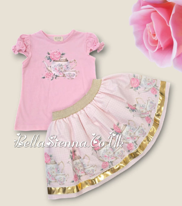 Pink Girls "Tea Party" Top & Skirt Set With Bows On The Sleeves - 3613