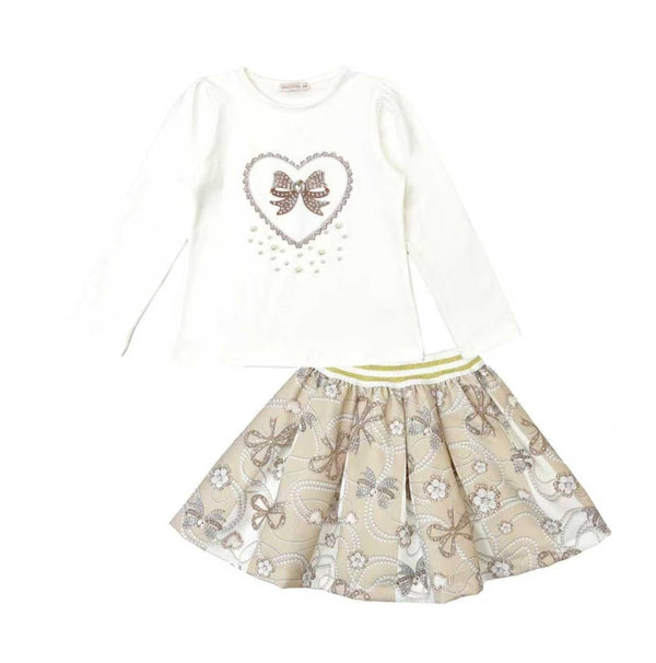 Giorgio Bambini Girls Ivory & Beige "Love Heart" Long Sleeved Top & Skirt Set - YG-15