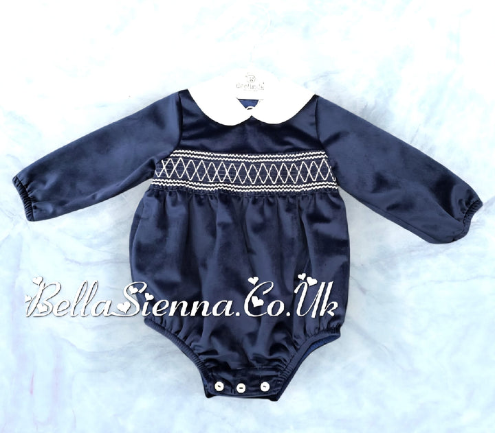 Deolinda Boys Navy & White Luxurious Velvet Smocked Romper - DBI25508
