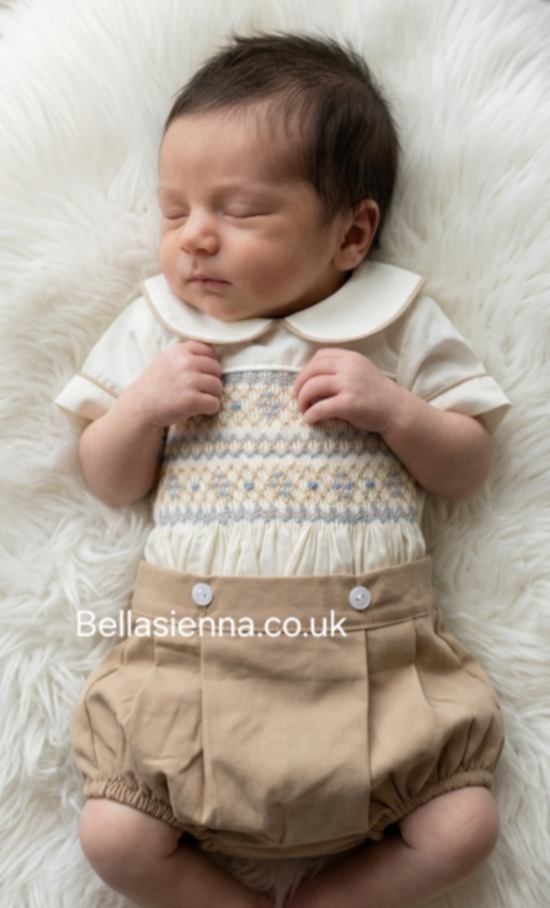 Bella Sienna "EXCLUSIVE" Boys Hand Smocked Beige, Ivory & Blue Two Piece Bustersuit Outfit
