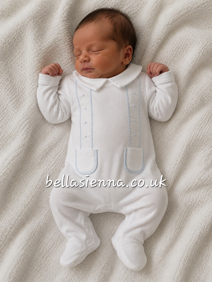 Boys White & Blue 100% Cotton All In One Babygrow - Sleepsuit - SG205