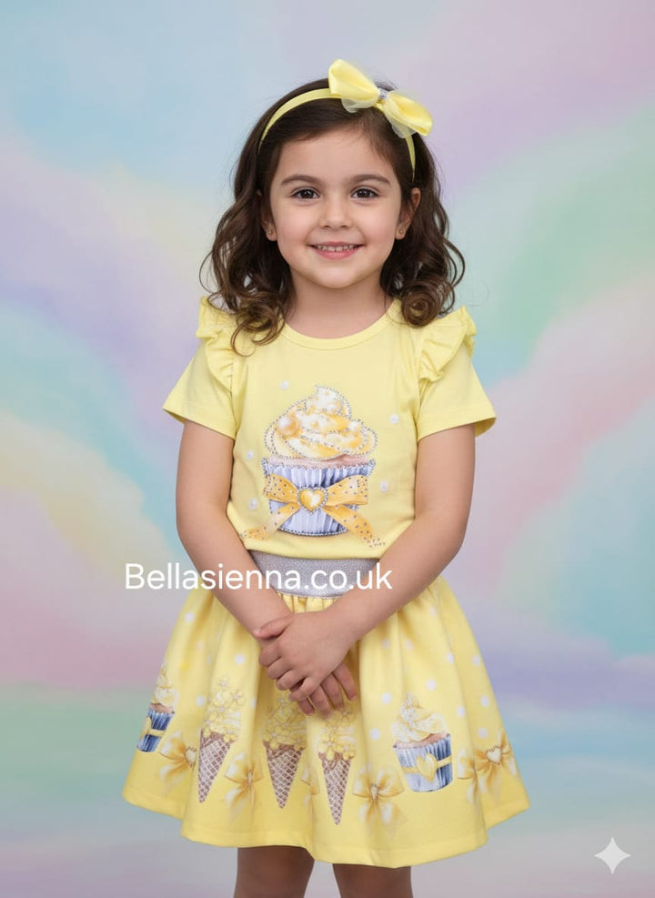 Diamond Stone Girls Yellow/Lemon "Cupcake" Skirt Set With Matching Headband - YG-36